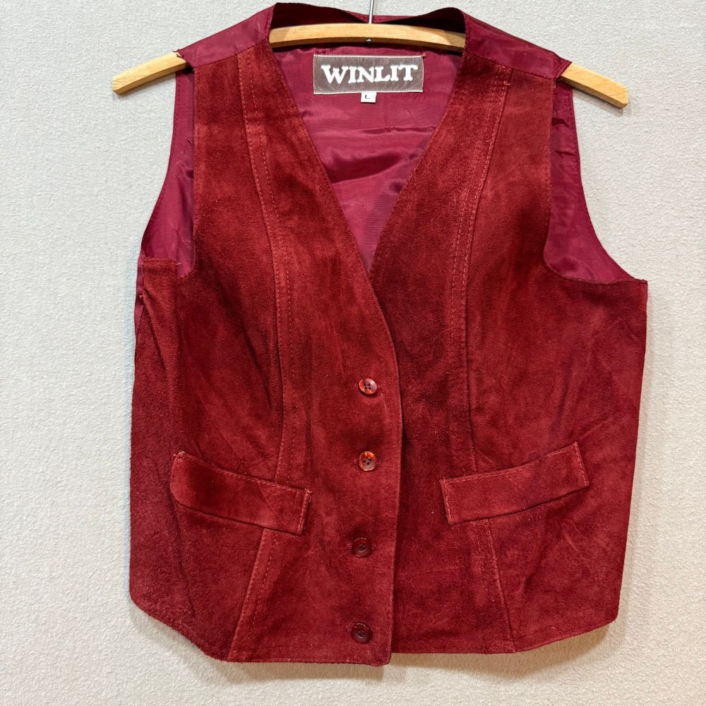 Vintage 90s WINLIT Genuine Suede Burgundy Western Boho Button Front Vest Women L